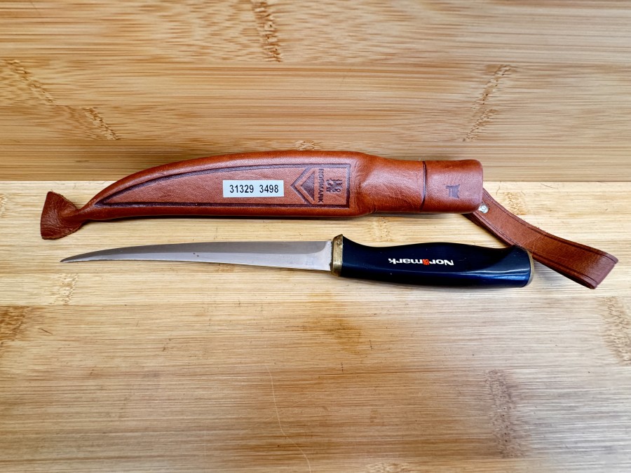 Filetiermesser, Normark, 270mm lang, 160mm Klingenlänge, Lederscheide, Gebrauchsspuren