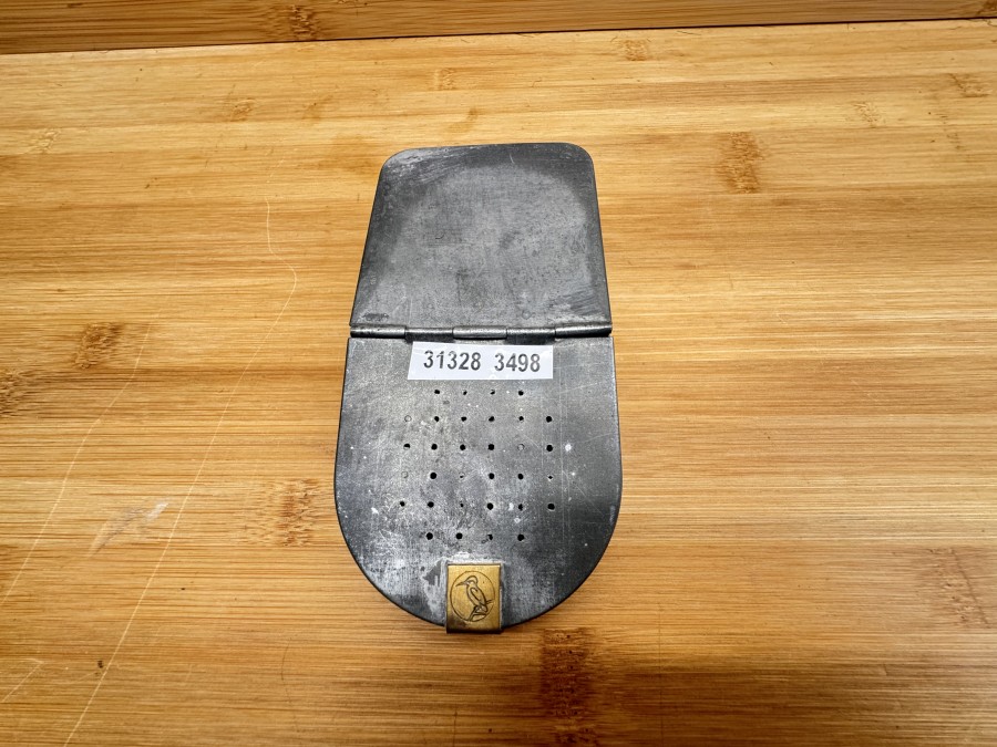 Madendose, Fritz Steurer Wien, Eisvogel gemarkt, Weißblech, 125x60x30mm, Gebrauchsspuren