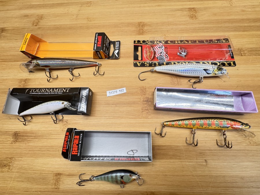 5 Wobbler, Lucky Craft, USA Series, 120mm, Rapala, Husky, SCRH13 Rohl, 125mm, Rapala Husky Yerk, 120mm, Daiwa, Tournament, Wise Minnow 70FS, 70mm, Rapala, Shad Rap, SSR-5, ungefischt