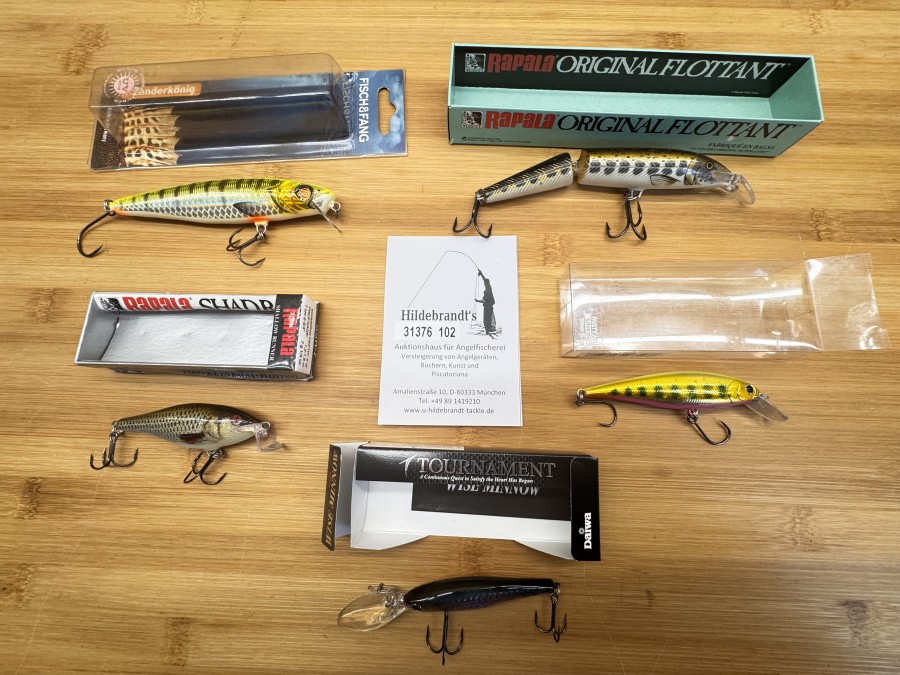 5 Wobbler, Fisch&Fang, Zanderkönig, UV active, 120cm, Rapala, floating, 2tlg., 150mm, Daiwa, Tournament, Wise Minnow, 50mm, Rusty Ayu, sinking, 50mm, Rapala, Shad Rap, SSR-7, 70mm, ungebfischt