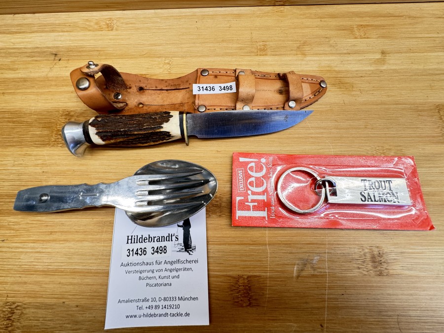 Anglerbesteck, WS u CL, Messer, Horngriff, Klinge 100mm, Gabel und Löffel, in Lederscheide, unbenutzt, Schlüsselanhänger, Trout and Salmon