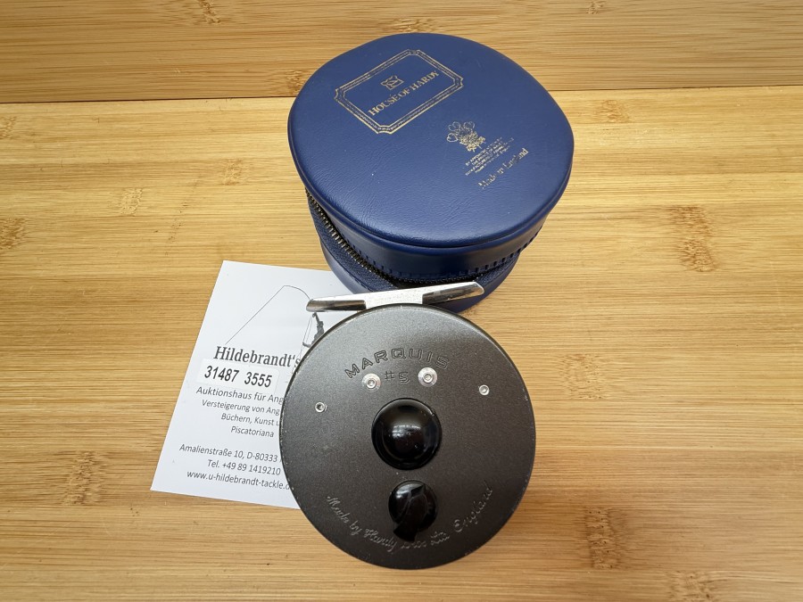 Fliegenrolle, Made by Hardy Bros Ltd England, Marquis #5, Links- oder Rechtshand umstellbar, Rollendurchmesser 75mm, Rollenbreite 23mm, Gewicht 110g, Rollentasche, Gebrauchsspuren