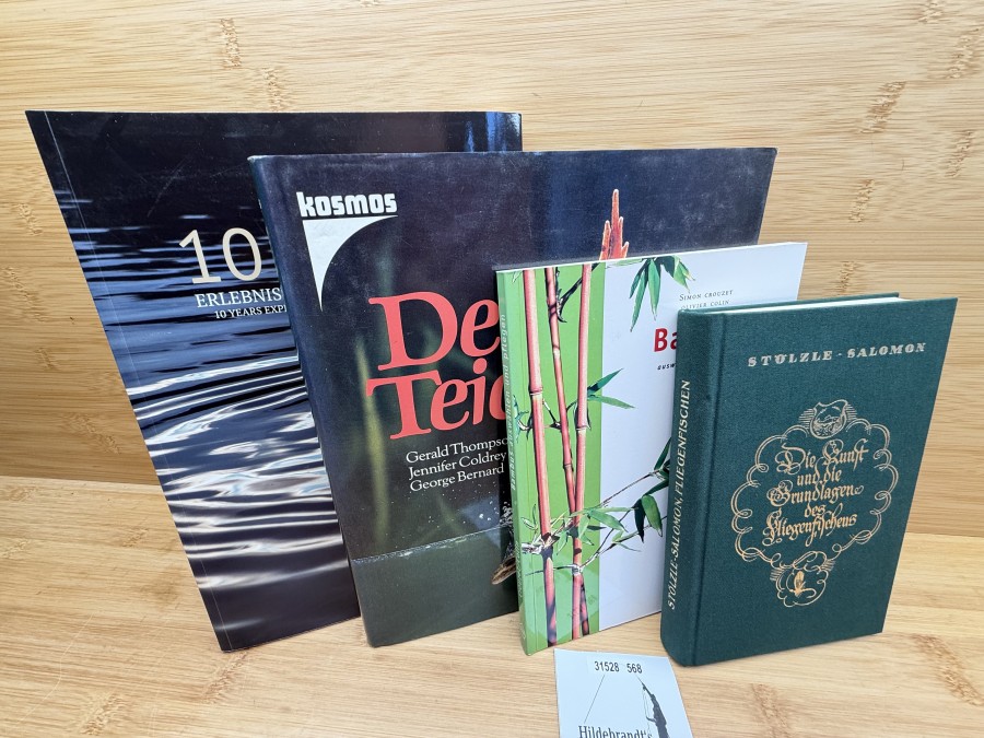 4 Bücher: Der Teich, Gerald Thompson, Jennifer Coldrey, George Bernard,, EWF, 10 Jahre Erlebniswelt Fliegenfischen, 2006 - 2015, Bambus auswählen und pflegen, Simon Crouzet, Oliver Colin, 2003, Die Kunst und die Grundlagen des Fliegenfischens, Stölzle - Salomon, 1990