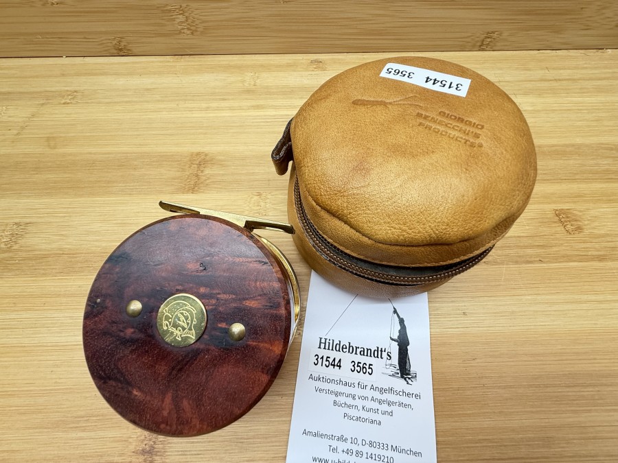 Fliegenrolle, Alenko Franolic, R.A.G., Antireverse, vergoldet, Edelholzseitenteile, Linkshand, Rollendurchmesser 75mm, Rollenbreite 42mm, Gewicht 170g, Leder Rollentasche, neu