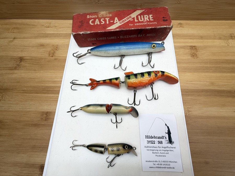 4 Holzwobbler, Stan Gibbs Cast - A - Lure for longer Casts, 1tlg., 17cm, 2tlg., 18cm, verstellbare Schaufel, 2tlg., 11cm, starre Schaufel, 2tlg., 9cm, Gebrauchsspuren