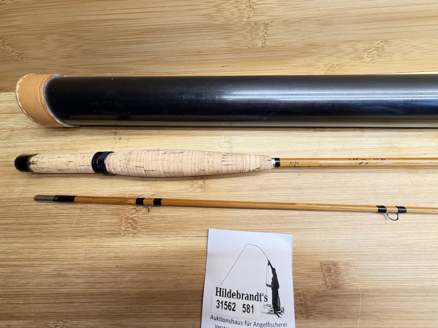 Gespliesste Fliegenrute, "brunner - austria", Type Cheri 7/74, 2tlg., ungleich geteilt, Ausgleichsstück, 1,75mm - 75g, #5, Futteral, Rutentransportrohr mit Lederkappen, leichte Gebrauchsspuren, Transportlänge  1160mm