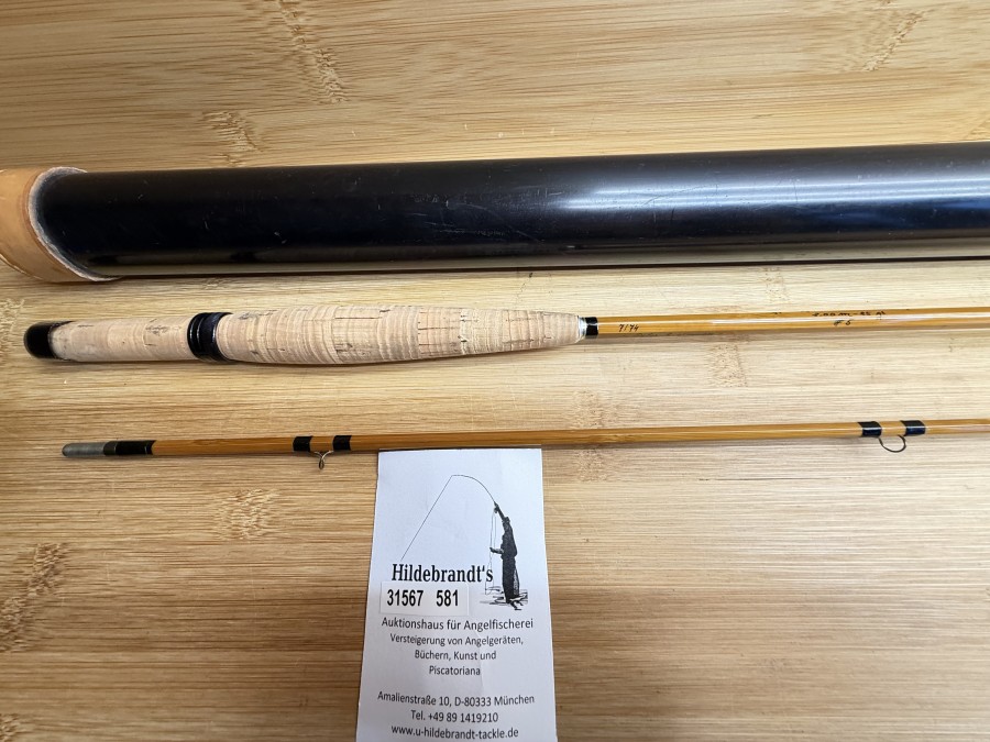 Gespliesste Fliegenrute, "brunner - austria", Type Gebetsrotiher Super, 7/74, 2tlg., ungleich geteilt, Ausgleichsstück, 2,00m - 85g, #5, Futteral, Rutentransportrohr mit Lederkappen, Gebrauchsspuren,  Transportlänge 1250mm