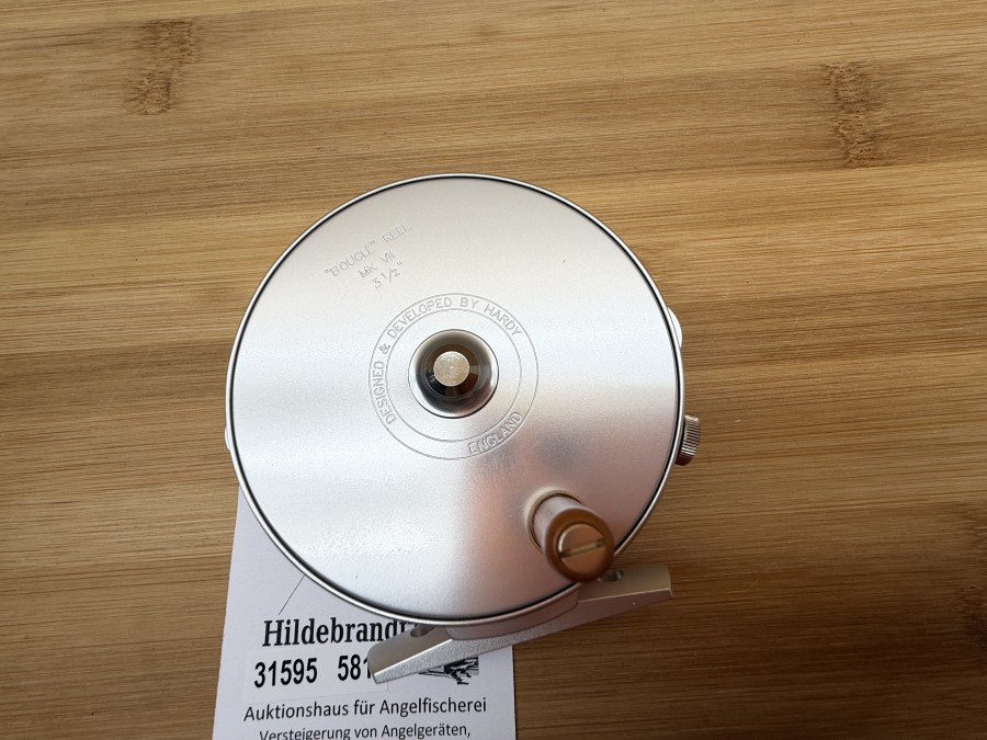 Fliegenrolle, Designed & Developed by Hardy England, "Bougle" Reel, MK VII, 3 1/2", Rechtshand, Rollendurchmesser 80mm, Rollenbreite 35mm Gewicht mit Trockenfliegenschnur 188g, neu