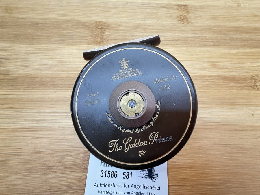 Fliegenrolle, Hardy Bros Ltd. England, The Golden Prince 7/8, Links- oder Rechtshand, Rollendurchmesser 80mm, Rollenbreite 32mm, Gewicht mit Fliegenschnur 173g, leichte Gebrauchsspuren