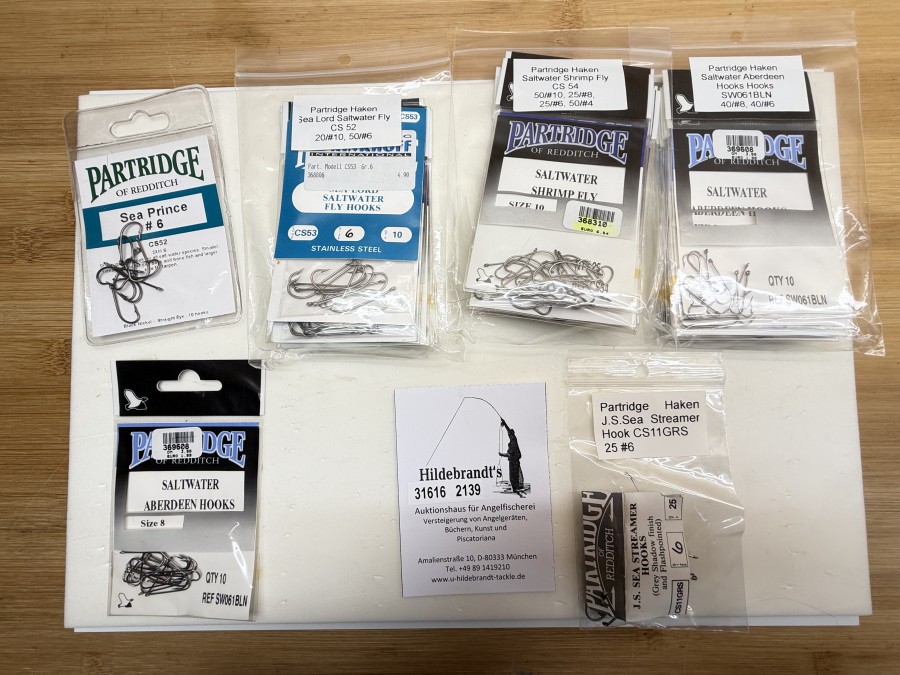 Fliegenhaken, 354 Stück, Partridge, Saltwater Shrimp Fly CS 54: 60#10, 25#8, 25#6, 50#4, Saltwater Aberdeen SW061BLN: 40#8, 40#6, Sea Lord Saltwater Fly CS 52: 20#10, 50#6, J.S. Sea Streamer Hook CS 11 GRS: 25#6, Sea Prince CS 52: 9#6, Saltwater Aberdeen Hooks: 10#8