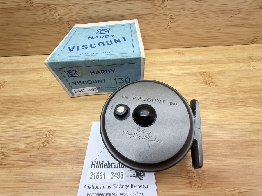 Fliegenrolle, Made by Hardy Bros Ltd  England, The  Viscount 130, Silent Check, Rechtshand, Rollendurchmesser 82mm, Rollenbreite 30mm, Gewicht 46g, Gebrauchsspuren am Gehäuse, im Karton