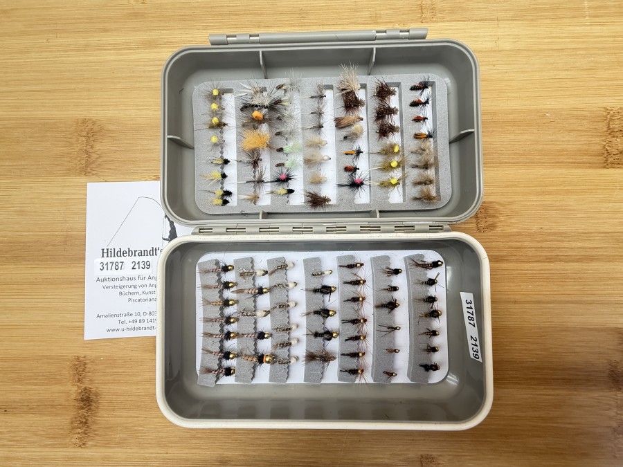 Fliegensortiment, Kunststoff Foambox, 170x110x45mm, 52 Trockenfliegen, 44 Tungstennymphen, für Forelle und Äsche