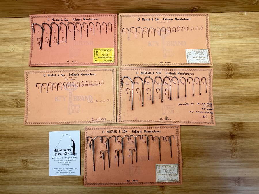 Angelhaken Musterkarten, Mustad, 1515, 1991 A, 2206 A, 2 x ohne Nummer