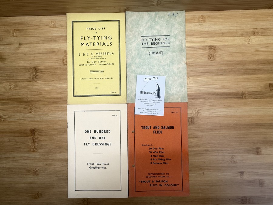 4 Kataloge, Trout and Salmon Flies, One Hundred and one Fly Dresings, Fly Tying for the Beginner (Trout), E.Veniard, Price List of Fly-Tying Material, S.&E.G. Messeena, Warwickshire, England, 1961