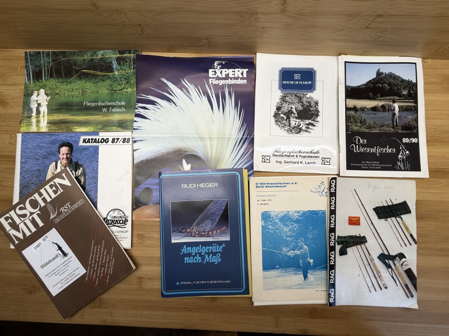 9 Kataloge, Thomas Dürkop, 87/88, Rudi Heger, 1981, RAG, D`Wörthseefischer e.V., Der Wiesentfischer, 89/90, RST Cormoran, Fliegenfischerschule W. Fabisch, Fliegenfischerschule Ing. Gerhard K.Lerch, Expert Fliegenbinden