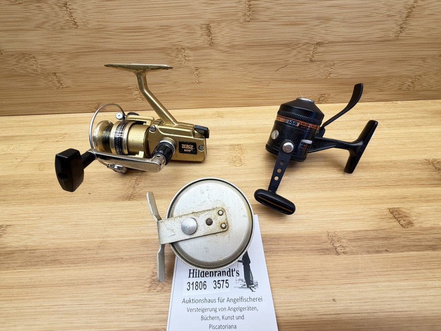 3 Angelrollen, Kapselrolle Omega 144, Made in USA, Bügelschraube fehlt, Stationärrolle, Zebco 6010, Grundrolle, Alu,Rollendurchmesser 59mm, Rollenbreite 30mm, alle Rollen mit Gebrauchsspuren