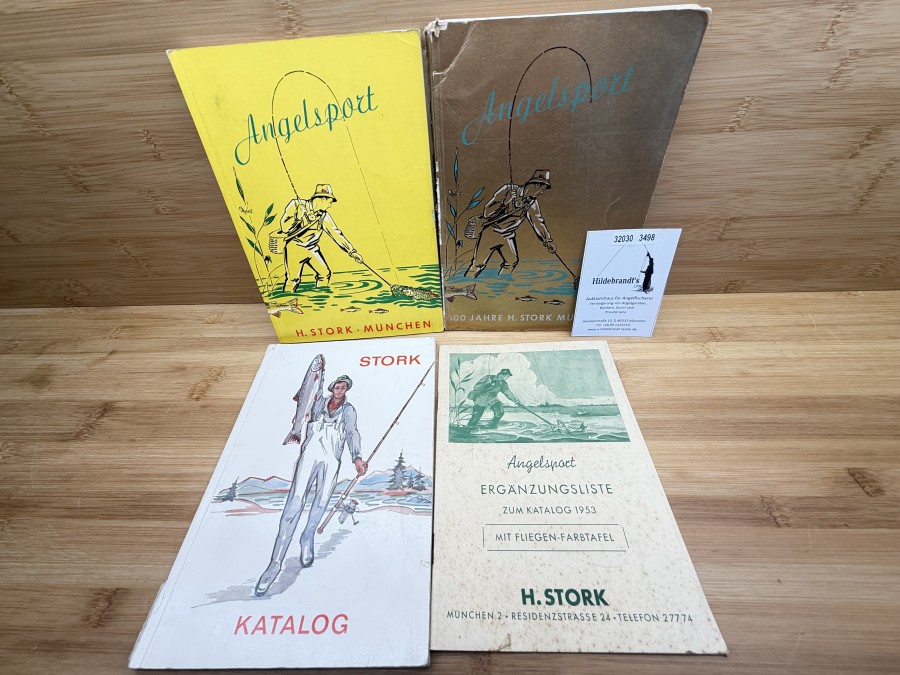 4 Kataloge, H. Stork, München, Katalog 9/0, Angelgeräte-Katalog 5/6, Angelgeräte-Katalog, Jubiläumsausgabe, Angelsport Ergänzungsliste zum Katalog 1953