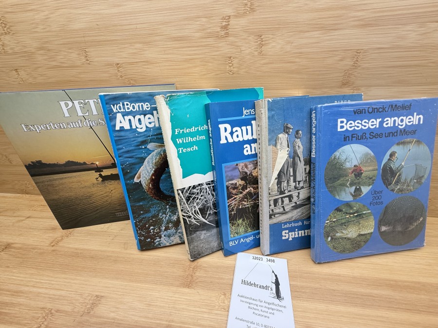 6 Bücher, Petri Heil, Experten auf die Schnur geschaut, Brandung- und Hochseefischen, Claus Miliz, 1983, Angelfischerei, v.d.Borne-Quint, 14. Auflage, Lehrbuch für Spinnangeln, Max Piper, 1950, Die zweckmäßige Pflege der Fischbestände, Friedrich-Wilhelm Tesch, 1965, Raubfische angeln, Jens.P.Hansen, 1979, Besser Angeln in Fluß, See und Meer, van Onco/Melief