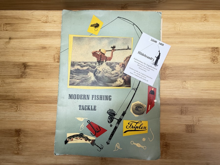 Katalog, Triplex, Moderne Fishing, Catalogue No. 511954, W. Thöner, Manufacturer of Fishing - Tackle, Donauwörth, Year of foundation: 1903, Rods, Weekend-Tackle, Rodaccessories, Landing Nets, Triple - Reels, Solin Fly-Lines, Leaders and traces Systems, Hooks, Ground- and trolling Systems, Cork-floats. Float, Deep sea tackle, Spinners and Blinkers, Swivels, Sinkers, Rod-Rings, Miscellaneous articles, Boxes, Flies, The Preciosa Reel, Model 1950, Silent Weitwurfrolle, Triplex Angelsport - Geräte, Superbly, Hohlglasrute, ca. 1954, 44 Seiten