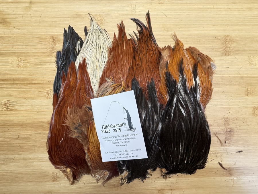 Hahnenbälge, Indien, 9 Stück, verschiedene Farben