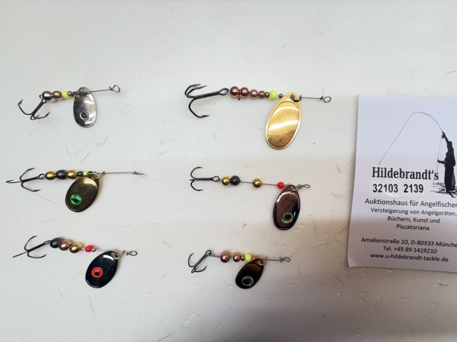 6 Mepps Spinner, Messing, nickel, Drilling, Tungstenkugeln, 4 - 8g, ungefischt