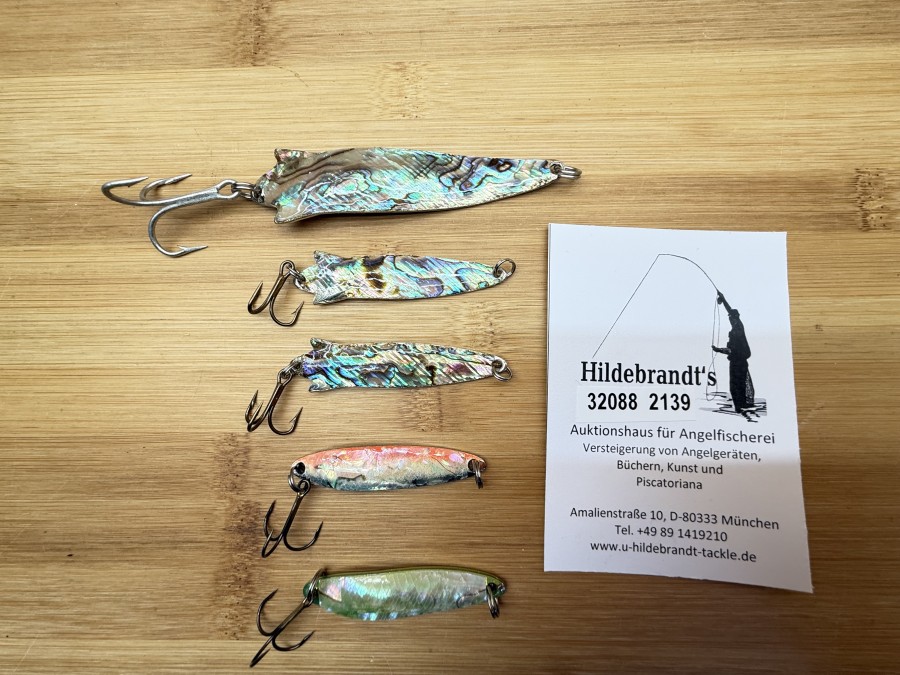 5 Perlmutt Wurflöffel, Metall, Abalony, 18g, 90mm, 2x 7g, 60mm, 2x Waver. 7g, 55mm, ungefischt