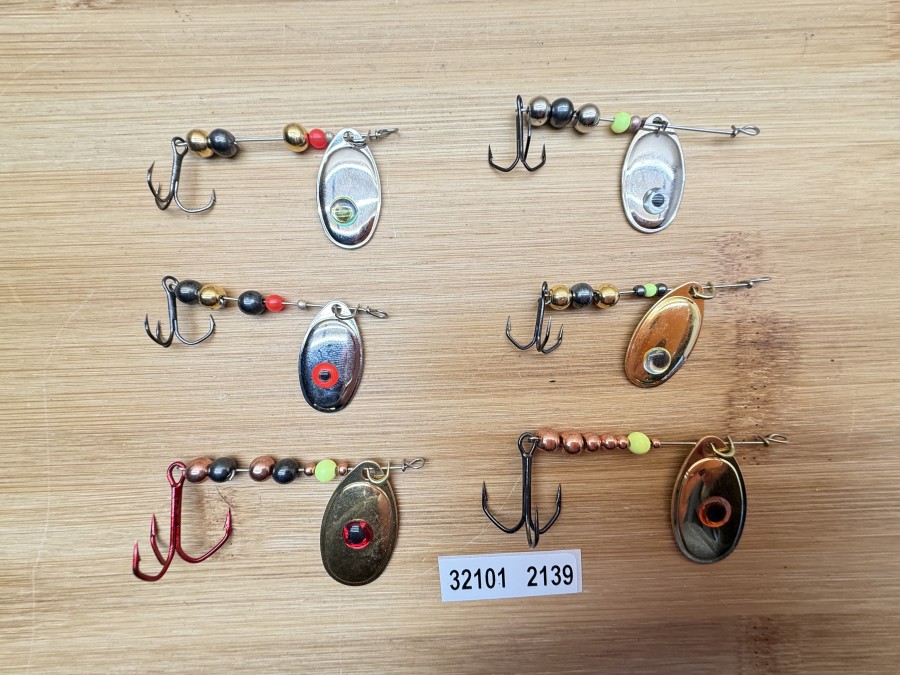 6 Mepps Spinner, Messing, nickel, Drilling, Tungstenkugeln, 4 - 8g, ungefischt