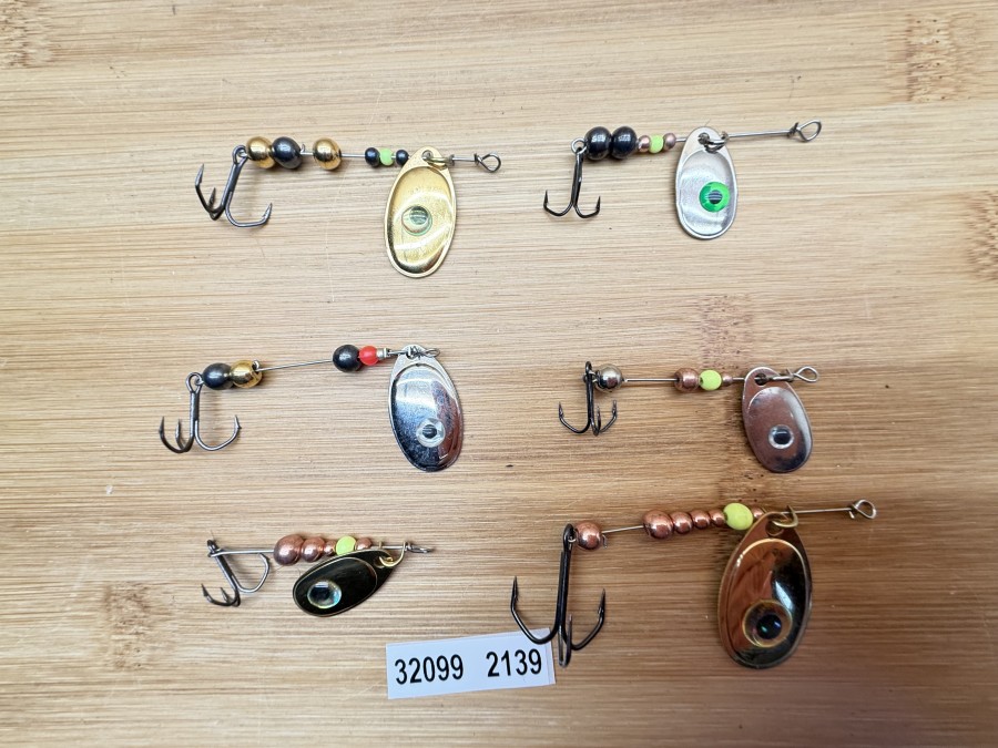 6 Mepps Spinner, Messing, nickel, Drilling, Tungstenkugeln, 4 - 8g, ungefischt