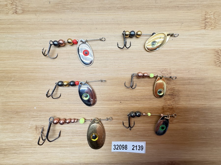 6 Mepps Spinner, Messing, nickel, Drilling, Tungstenkugeln, 4 - 8g, ungefischt