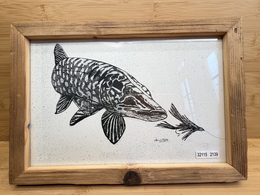 Handgezeichnetes Tuschebild, Hecht auf Raubzug, Thomas Wölfle, Altholzrahmen, 330x230mm, signiert