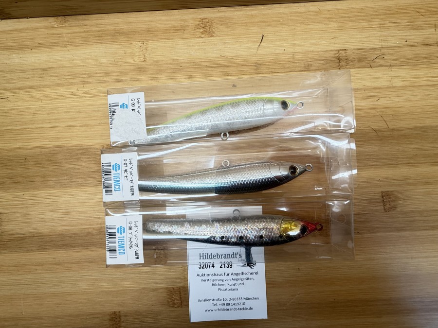 3 Wobbler, Tiemco, Japan, RP Magnum, silber/blau/dunkel, 42g, 150mm, RP Magnum, silber/gelb, 42g, 150mm, RP Magnum, silber/dunkel, roter Kopf, 42g, 150mm, ohne Haken, ungefischt