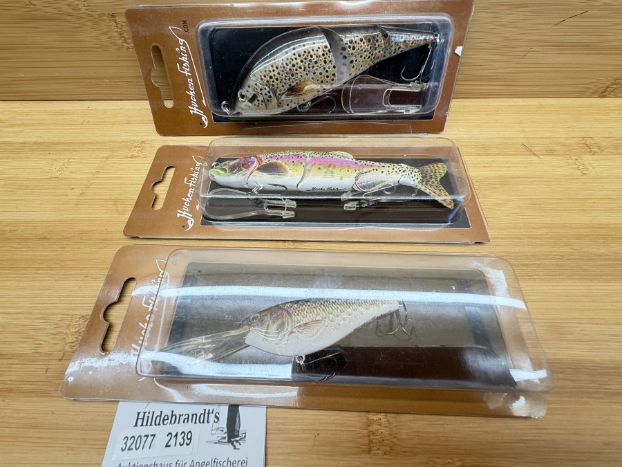 3 Wobbler, Huchen Fishing, Regenbogenforelle, 4tlg., 60g, 150mm, Äsche, 1tlg., 30g, 110mm, Bachforelle, 3tlg., 80g, 140mm, ungefischt