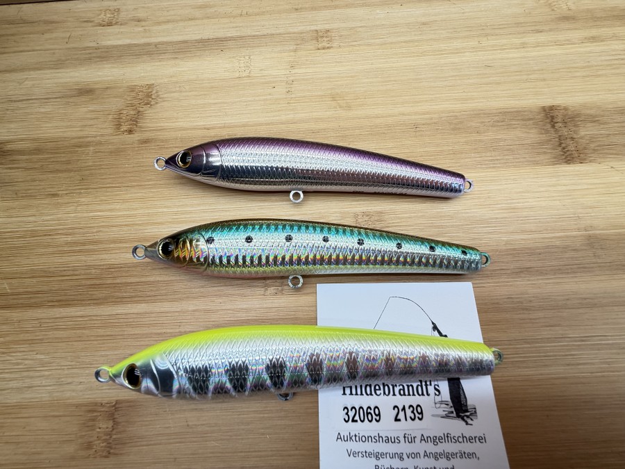 3 Wobbler, Tiemco, Japan, RP Magnum, silber/dunkel, 30g, 150mm, RP Magnum, silber/gelb, 30g, 150mm, RP Magnum, silber/violett/dunkel, 30g, 150mm, ohne Haken, ungefischt