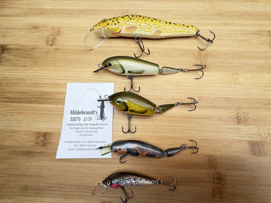 5 Wobbler, Bachforelle, 1tlg., 42g, 160mm, Dragon, 2tlg., 22g, 120mm, Bachforelle, 2tlg., 20g, 110mm, Regenbogenforelle, 1tlg., 8g, 75mm, Forelle, 2tlg., 12g, 100mm, ungefischt