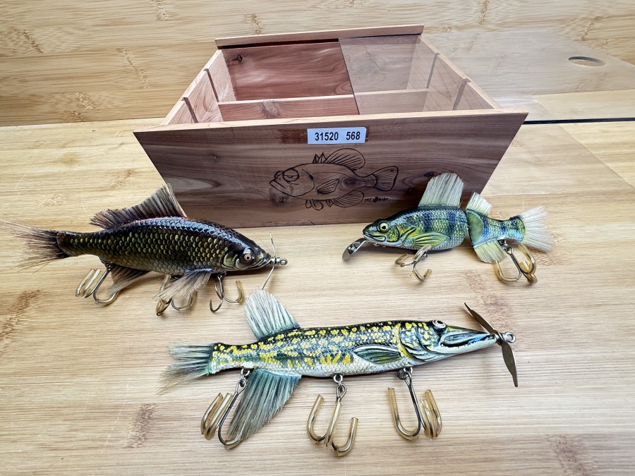 3 Wobbler, Mehlosh, Barsch, 2teilig, 15cm, Hecht, 1 heilig, 20cm, Weißfisch, 1 heilig, 17cm, in Holzbox, ungefischt