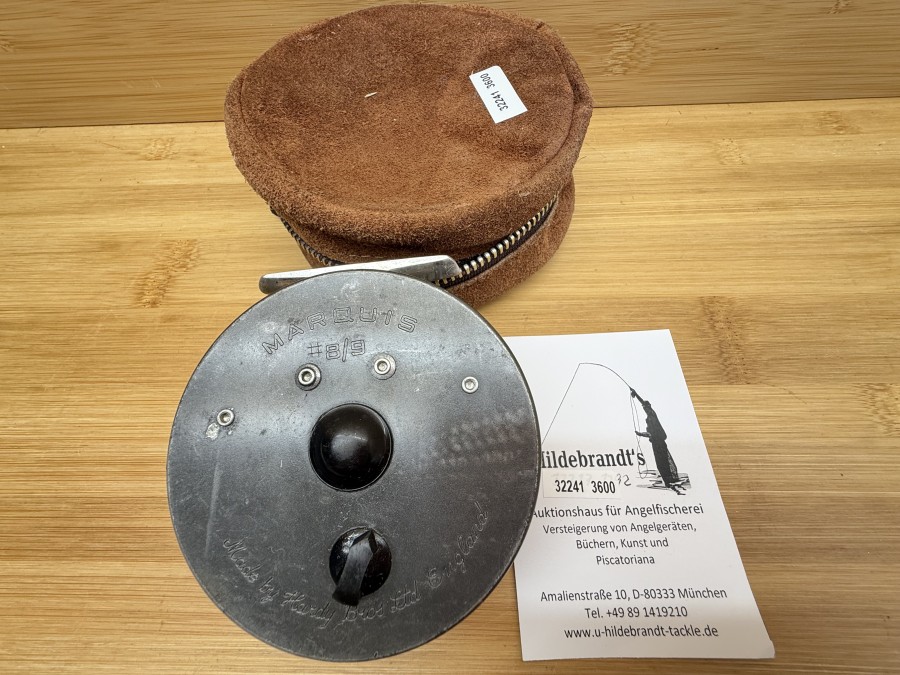 Fliegenrolle, Made by Hardy Bros Ltd England, Marquis #8/9, Multiplier, Links- oder Rechtshand, Gewicht 200g, Wildleder Rollentasche, technisch gut, starke Gebrauchsspuren