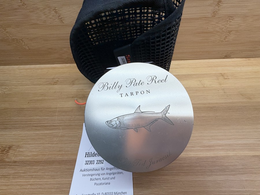 Fliegenrolle, By Ted Juracsic, Antireverse, Billy Pate Reel, Tarpon, W662, Linkshand, Rollendurchmesser 100mm, Rollenbreite 50mm, Gewicht 381g, mit Backing, Simms Rollentasche, Gebrauchsspuren