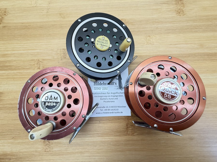 3 Fliegenrollen, DAM 5204, Made in Germany, DAM, Quick 55, Made in Germany, Pflueger, Medalist, by Shakespeare, Gebrauchsspuren