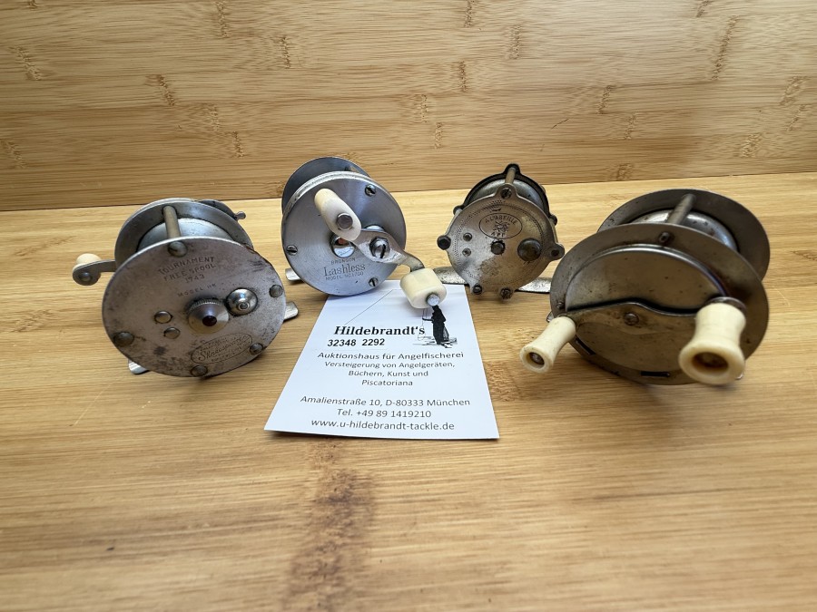 4 Vintage Multirollen, Bronson Lashless, Model No. 1700, Shakespeare 1743, Al Ábfilie APF, und kleine ungemarkte Rolle, Gebrauchsspuren