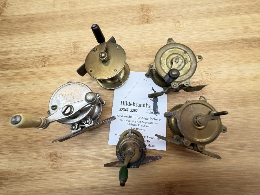 5 Vintage Angelrollen, verschiedene Hersteller, Gebrauchsspuren