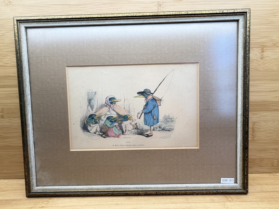 Holzstich, altkoleriert, um 1850, Die Vogelfamilie, Hildibrand, XLIV, M. Martin Pécheur apportant á diner á Famille, Grösse 420x340mm