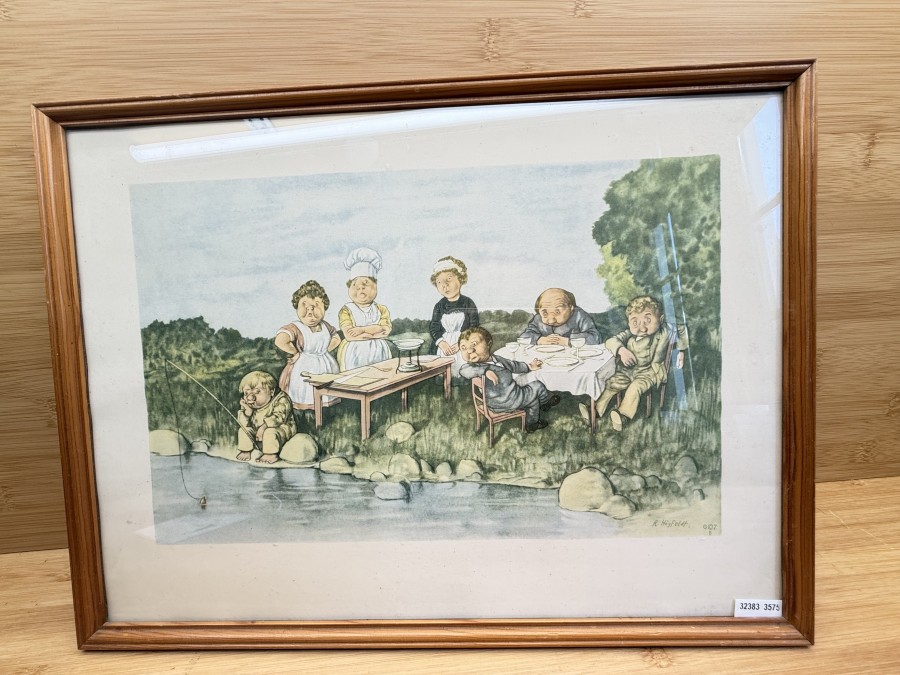 Anglerbild, Grösse 410x305mm, gerahmter Druck mit dem Titel "Das Fischessen", des schwedischen Künstlers Robert Högfeldt (1894-1986)