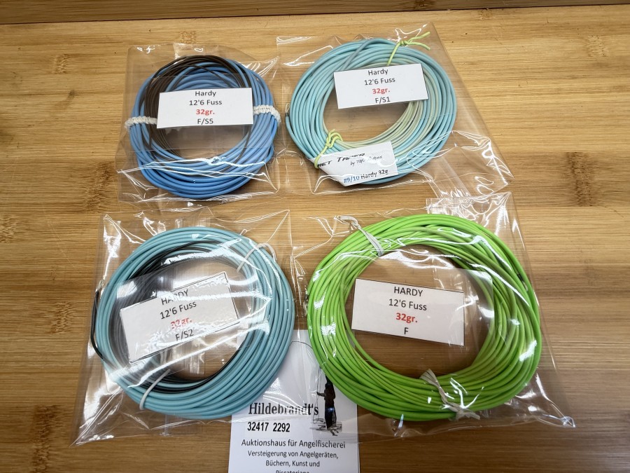 4 Fliegenschnüre, Secret Taper by Taki Alvanos, Hardy, 12.6f - 32g, F, F/S2, F/S1, F/S5, ungefischt