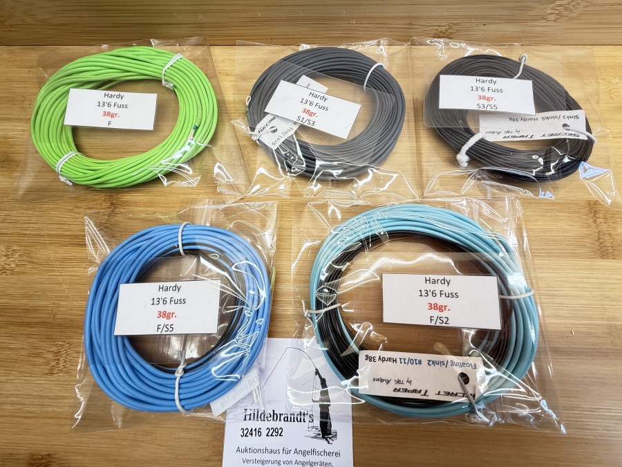 5 Fliegenschnüre, Secret Taper by Taki Alvanos, Hardy, 13.6f - 38g, F, F/S2, F1/S3, F/S5,  S3/S5, ungefischt