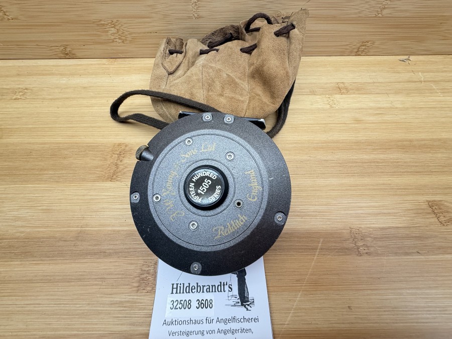 Fliegenrolle, JW Young & Son Ltd, Redditch England, 1505, Fifteen Hundred Series,  mit Übersetzung, Linkshand oder Rechtshand, #7, Rollenruchmesser 91mm, Rollenbreite 30mm, Gewicht 198g, Rollenbeutel, neu