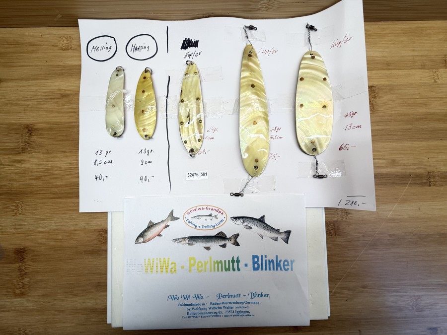 5 Perlmutt Blinker, handmade by Wolfgang Wilhelm Walter, Innenplatte Messing, 8,5cm - 13g, 9cm - 13g, 11cm - 24g, Innenplatte Kupfer, 16,5cm - 48g, 13cm - 45g, ungefischt