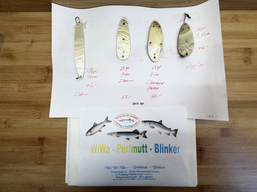4 Perlmutt Blinker, handmade by Wolfgang Wilhelm Walter,  Innenplatte silberfarben, 12cm - 13g, 9cm - 20g, 9cm - 22g, Innenplatte kupfer, 7,5cm - 16g, ungefischt