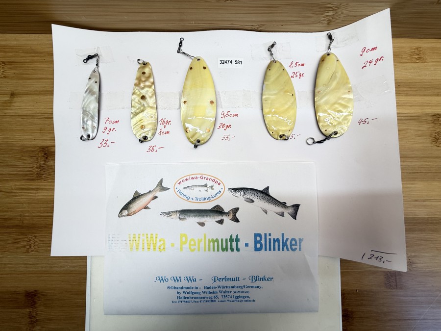 5 Perlmutt Blinker, handmade by Wolfgang Wilhelm Walter, Innenplatte Kupfer, jeweils 1 Stück 7cm - 9g, 8cm - 16g, 9,5cm - 30g, 8,5cm - 25g  und 9cm - 24g, ungefischt