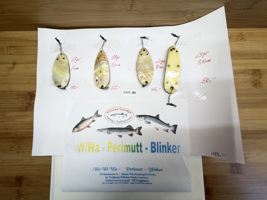 5 Perlmutt Blinker, handmade by Wolfgang Wilhelm Walter, Innenplatte Kupfer, jeweils 1 Stück 7cm - 17g, 7,5cm - 19g, 8cm - 20g und 9,5cm - 23g, ungefischt
