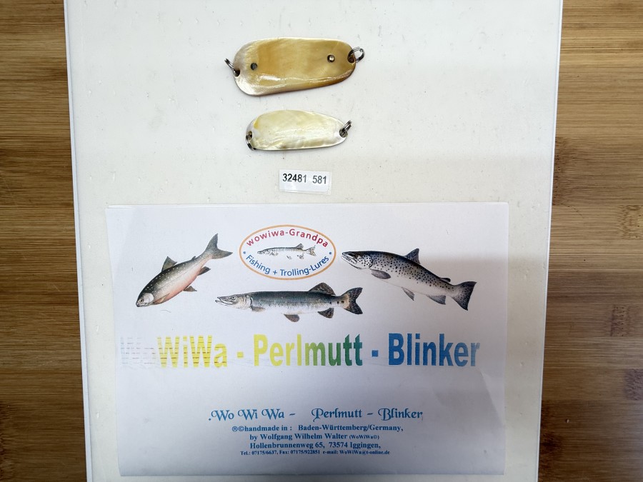 2 Perlmutt Blinker, handmade by Wolfgang Wilhelm Walter, Innenseite Kupfer, Perlmutt, 6,2cm - 17g, Innenseite Silber, Perlmutt, 5,3cm - 8g, ungefischt